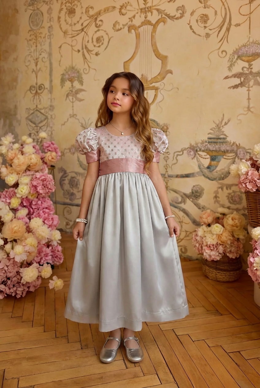 Regency Era Silver and Pink Empire Waist Satin and Jacquard Puff Sleeve Princess Dress – Bridgerton Inspired Children’s Gown Plus Size
