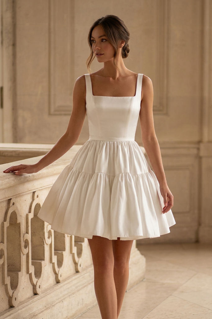 Short Wedding Party Dress with Tiered Skirt and Square Neckline – Sleeveless Bridal Mini Dress Plus Size Size 14