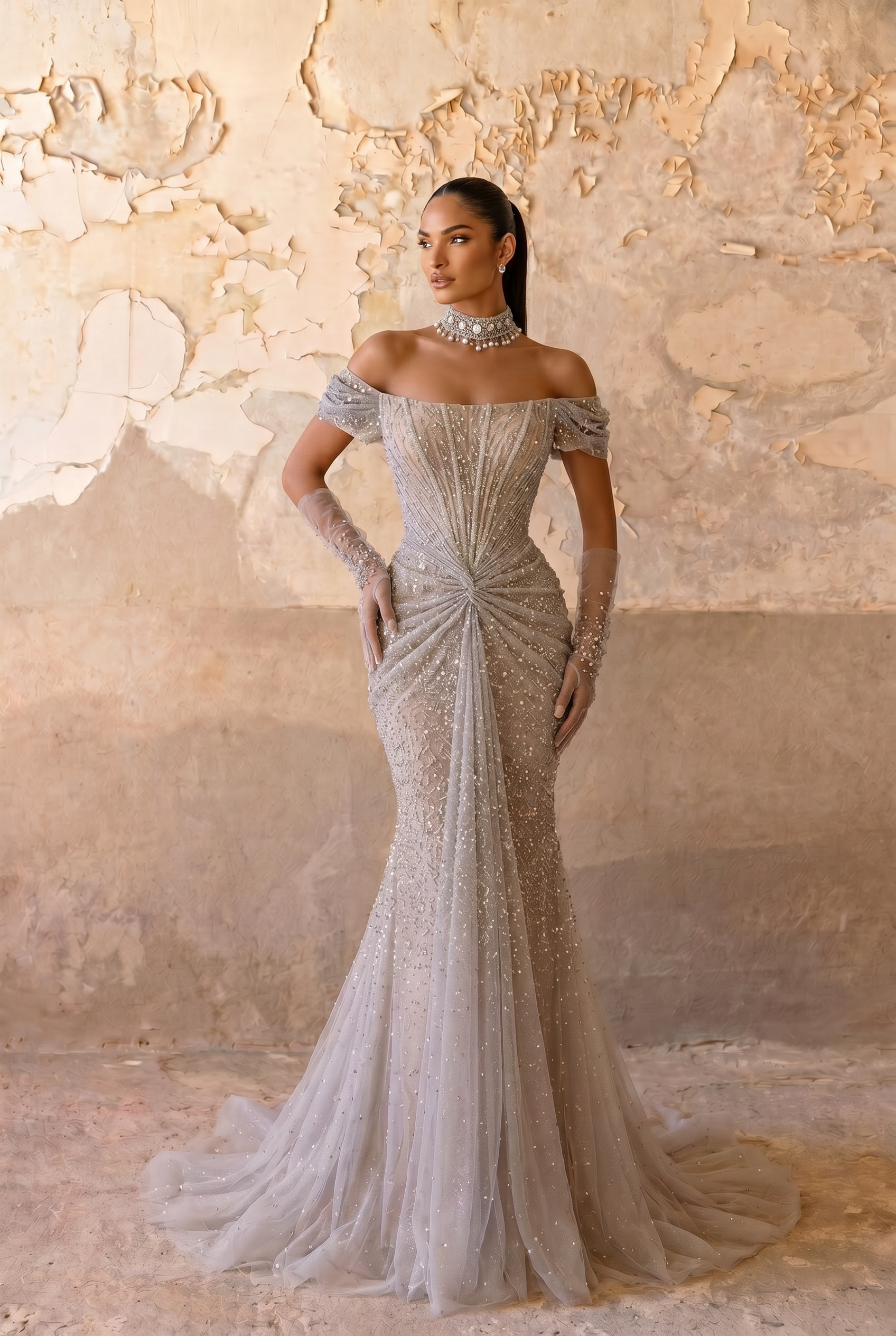 Silver Grey Off-the-Shoulder Mermaid Evening Gown with Draped Front, Corset Back and Matching Choker – Formal Dress Plus Size Custom made / Silver