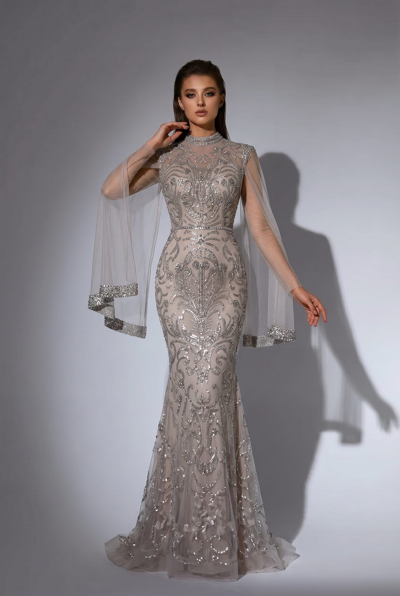 Silver Grey Embellished Long Sleeve Dress - Pretty Sequin Dress
