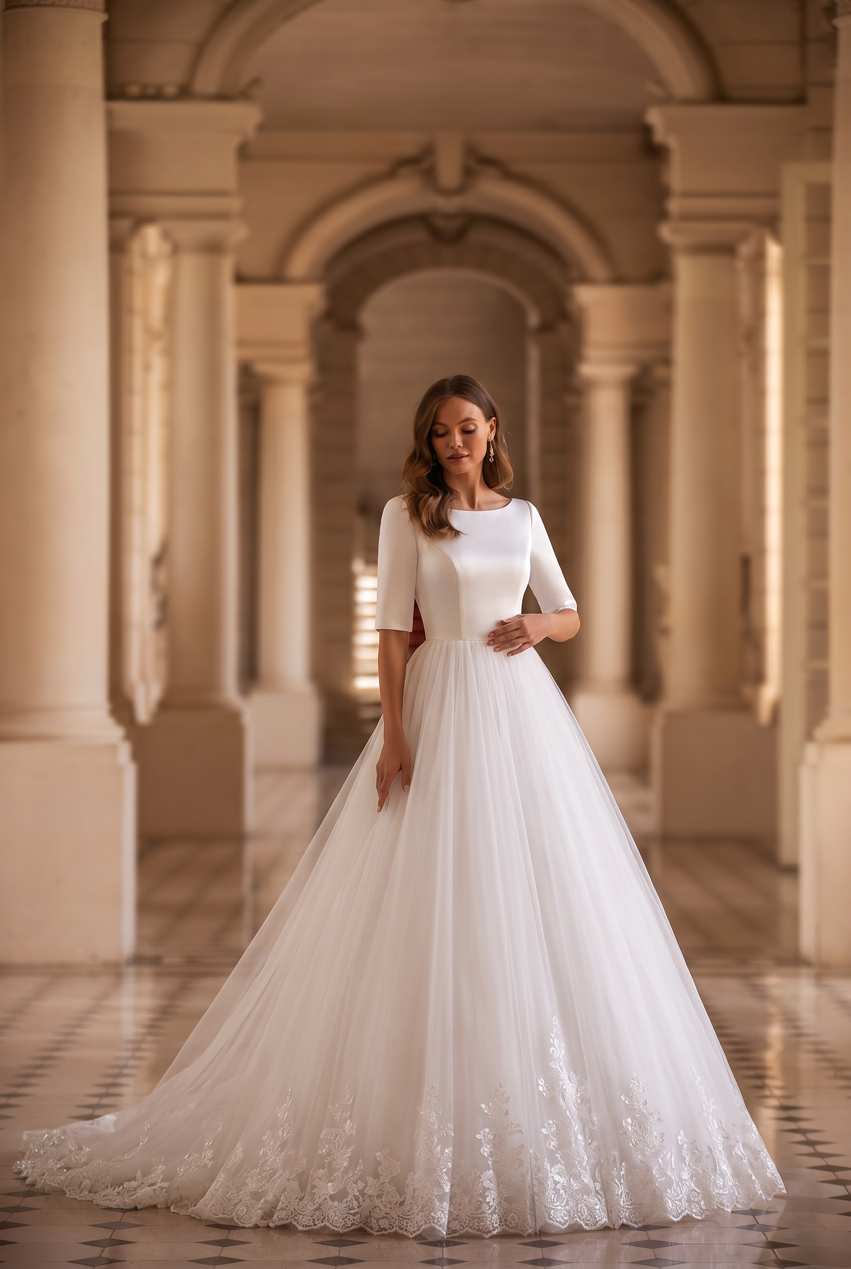 Timeless Beauty: Modest Simple Satin Lace Wedding Dress with Sleeves Plus Size Size 0 / White / No Veil