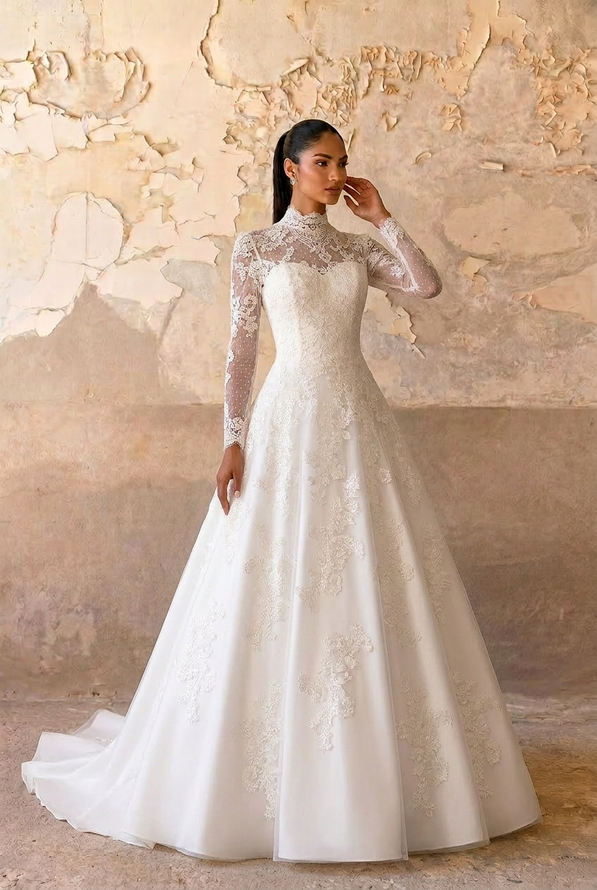 Timeless Beauty: Vintage Style Modest Lace Wedding Dress with High Neck Size 4 / White / No Veil