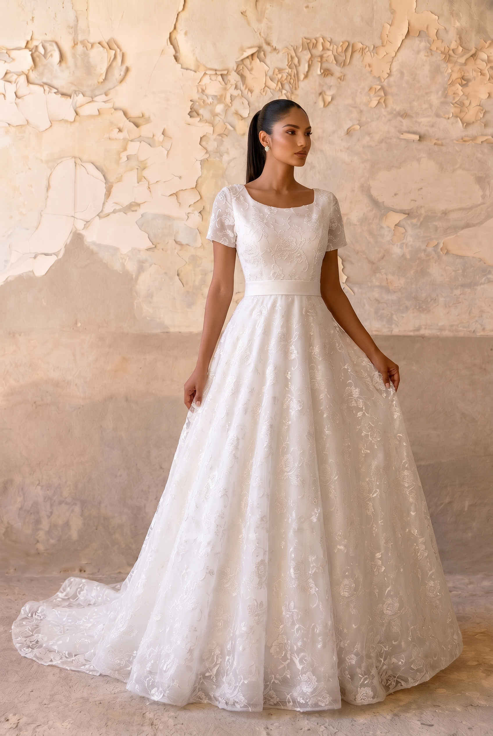 Timeless Sophistication: Modest Lace A-Line Wedding Dress with Short Sleeves Plus Size Size 14 / White / No Veil