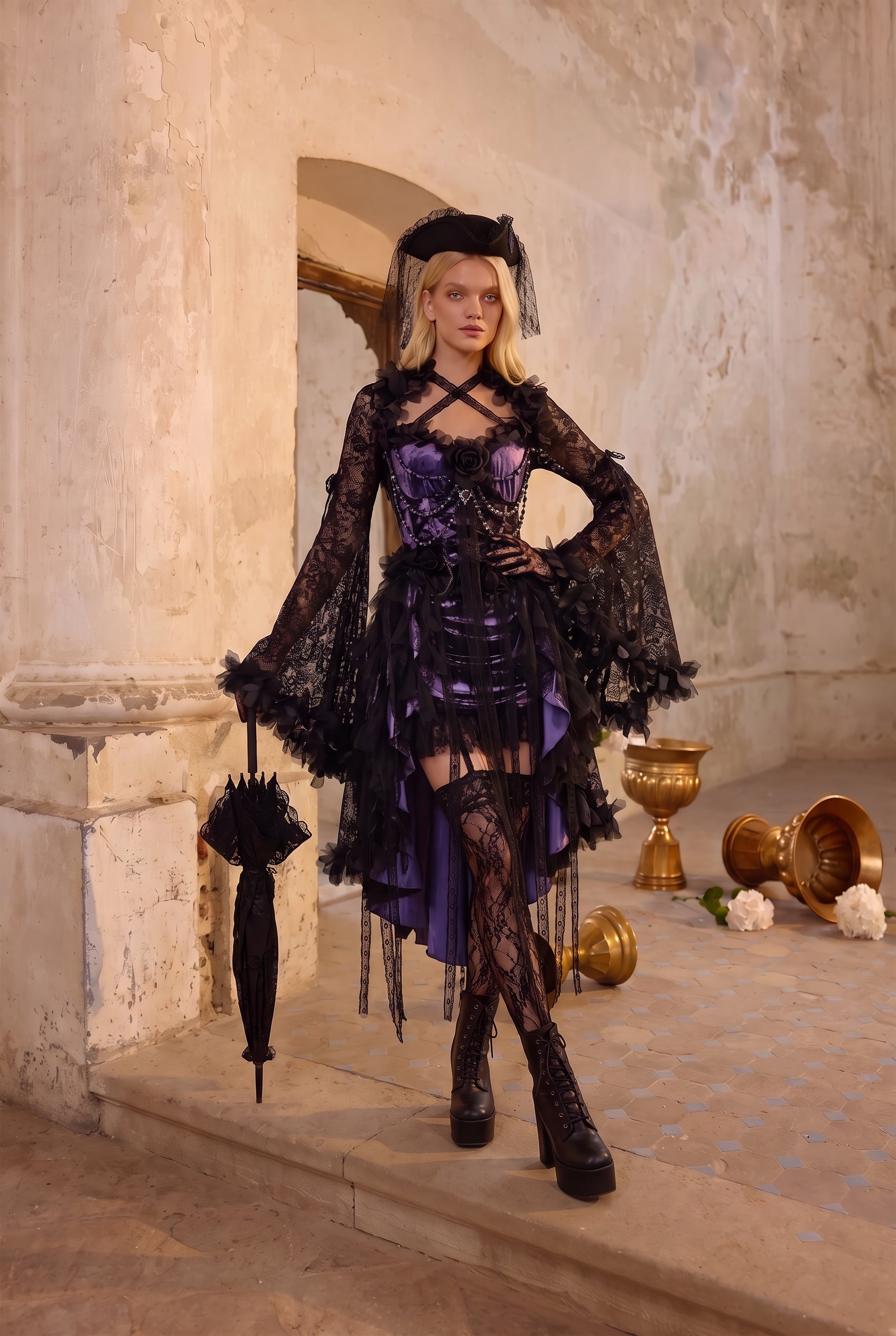 purple with black lace dress Victorian-Inspired Gothic and Corset High-Low Skirt – Gothic Prom Dress with Long Sleeves Plus Size Color:Grey Blue Black Tie Back Sleeveless gender: Female up detailing for a