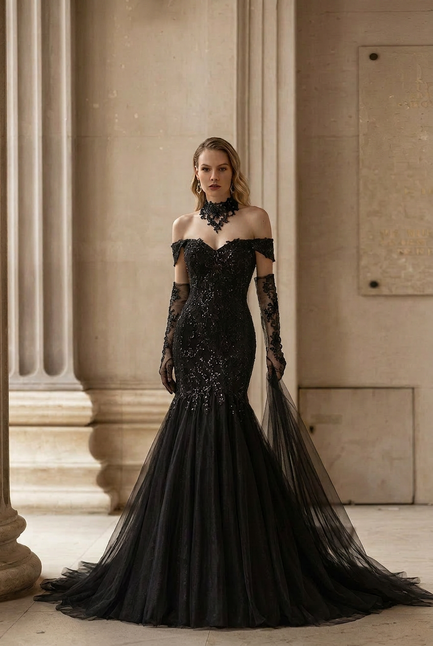 Vintage Inspired Gothic Black Lace Beaded Mermaid Wedding Dress Plus Size Size 22W / Black / With Choker +Gloves Vintage Inspired Gothic Black Lace Beaded Mermaid Wedding Dress Plus Size Size 22W / Black / With Choker +Gloves