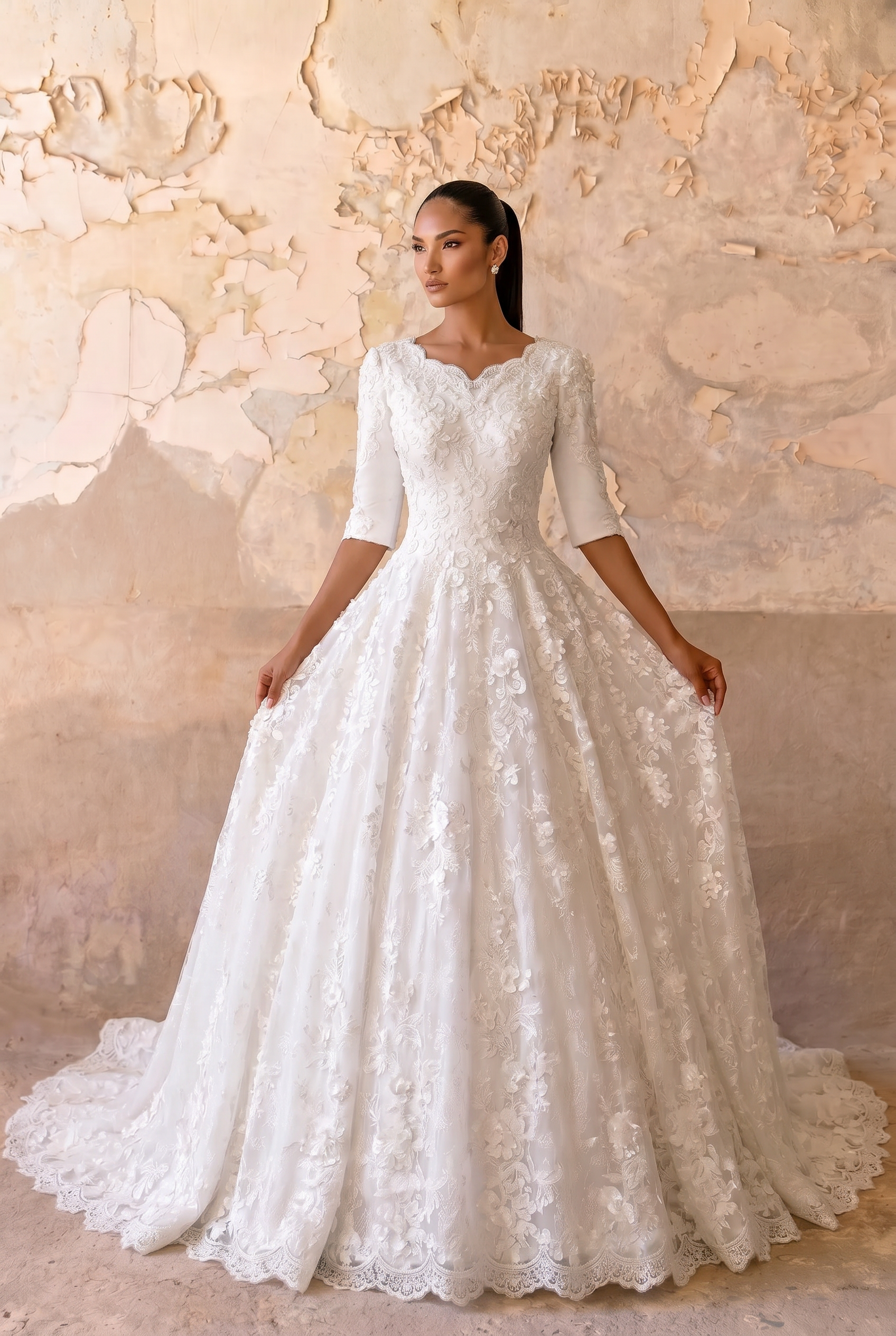 Vintage Lace Classic Modest Lace Ball Gown Wedding Dress With Sleeves Plus Size Size 20W / White / With Veil
