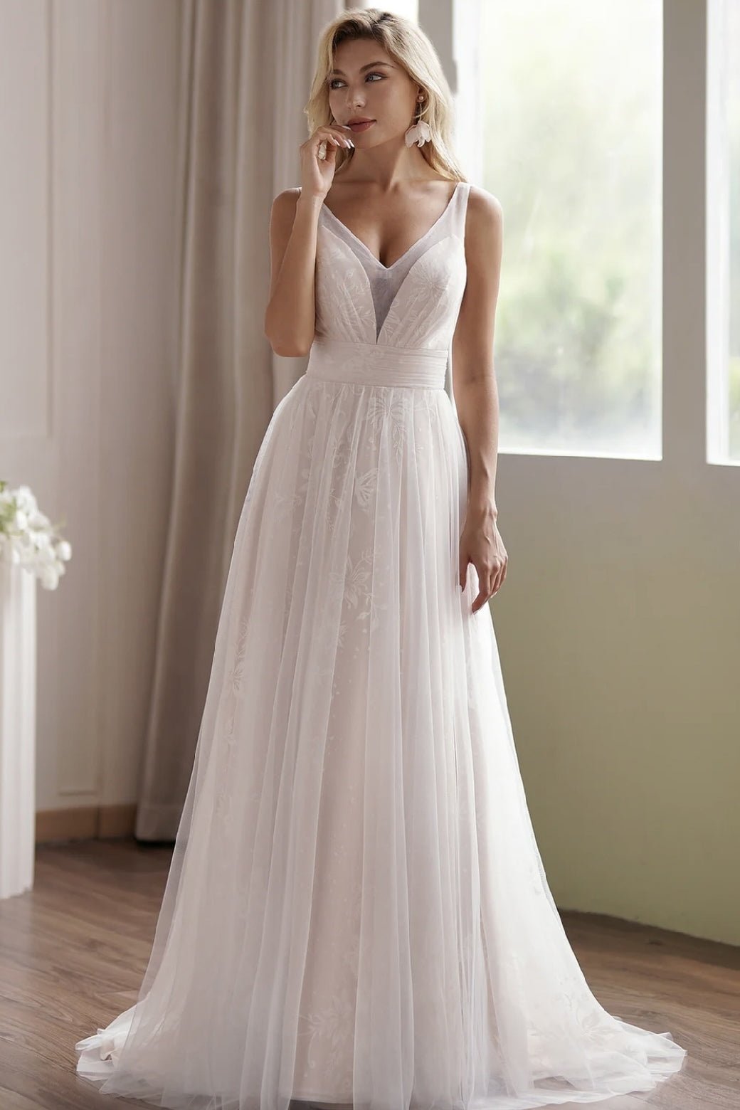 A-Line Princess V-Neck Sweep Train Tulle Lace Wedding Dress US4 / LIGHT IVORY/LIGHT IVORY A-Line Princess V-Neck Sweep Train Tulle Lace Wedding Dress US4 / LIGHT IVORY/LIGHT IVORY