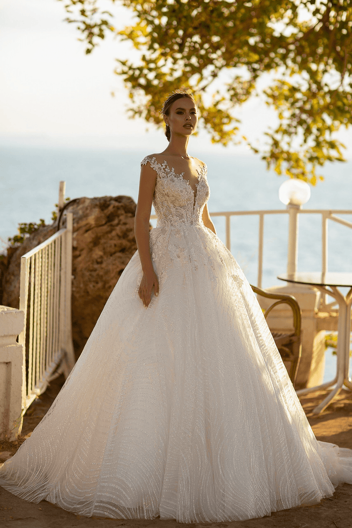 Aline Ball Gown Wedding Dress - Floral Wedding Dress with Lace - Dress with Plunging Neckline Plus Size - WonderlandByLilian