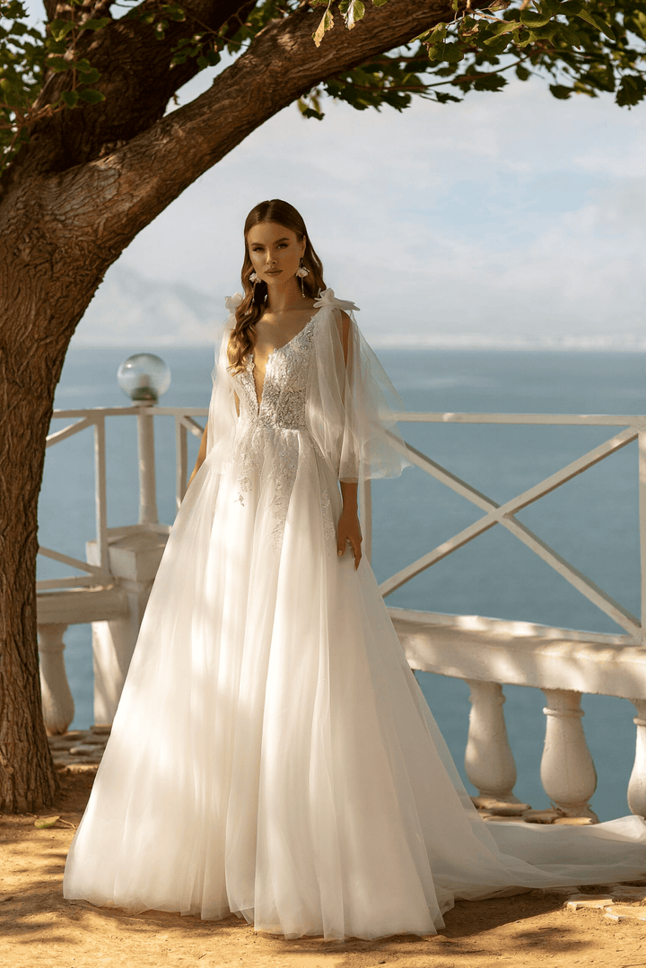 Aline Ball Gown Wedding Dress with Long Sleeves - Floral Beaded Dress - Princess Wedding Gown with Bow Plus Size - WonderlandByLilian