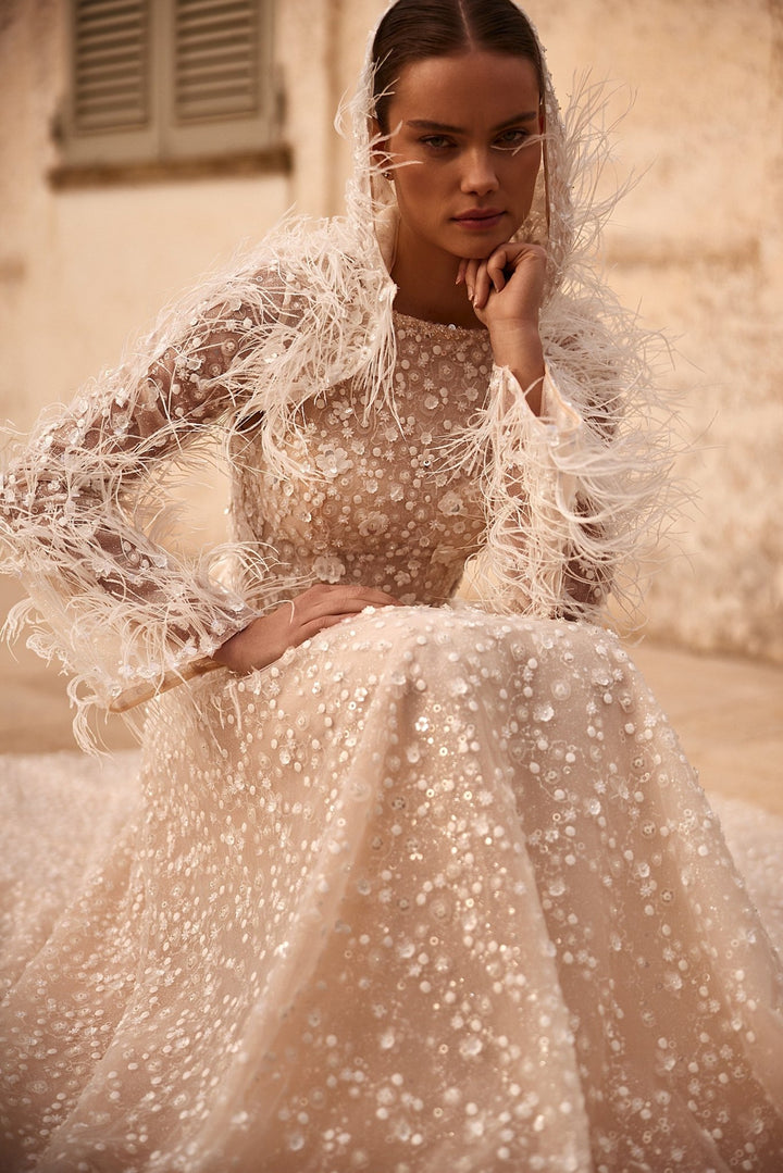 Aristocratic Sequined Gown with Feathered Bolero and Matching Gloves Plus Size - WonderlandByLilian