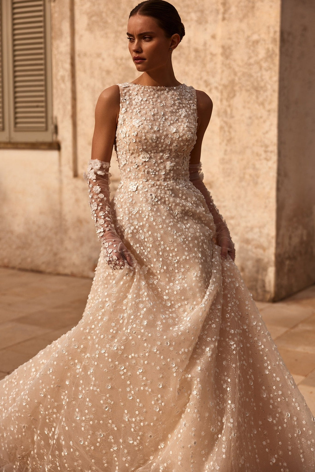 Aristocratic Sequined Gown with Feathered Bolero and Matching Gloves Plus Size - WonderlandByLilian