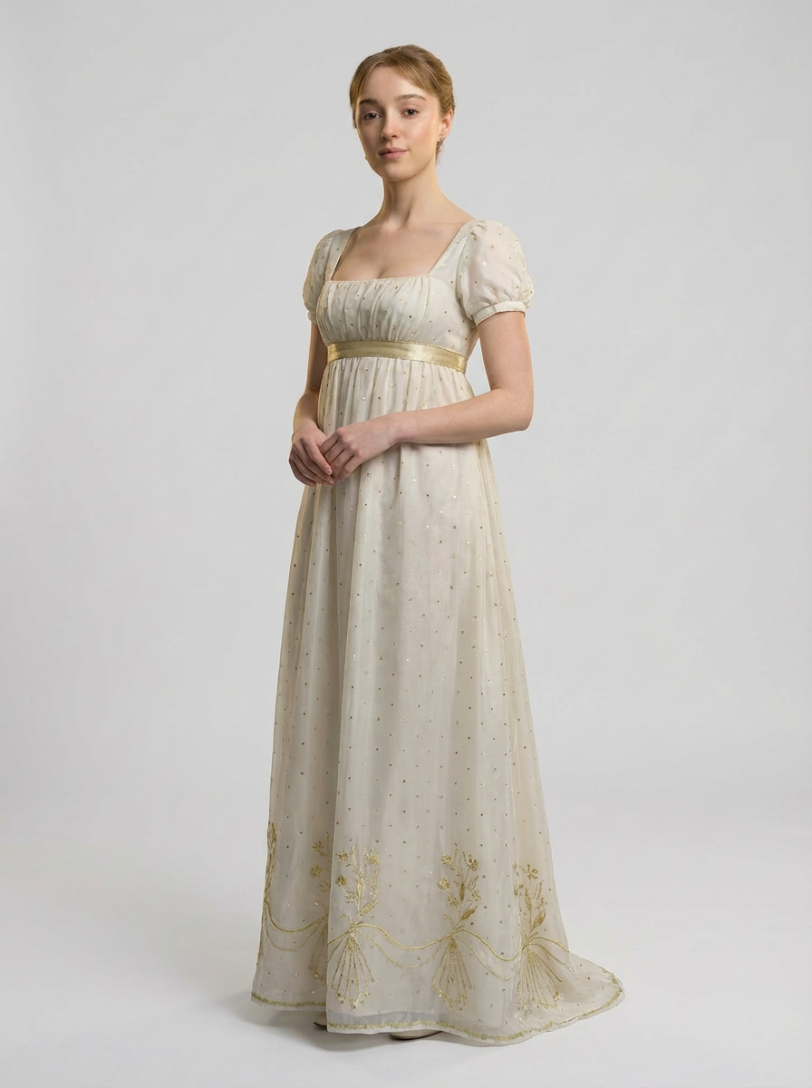 ladies white suit dress Regency Era Ivory Empire Waist Embroidered Dot Dress with Puff Sleeves and Gold Trim – Bridgerton Inspired Vintage Gown Plus Size Size 6 / Ivory /