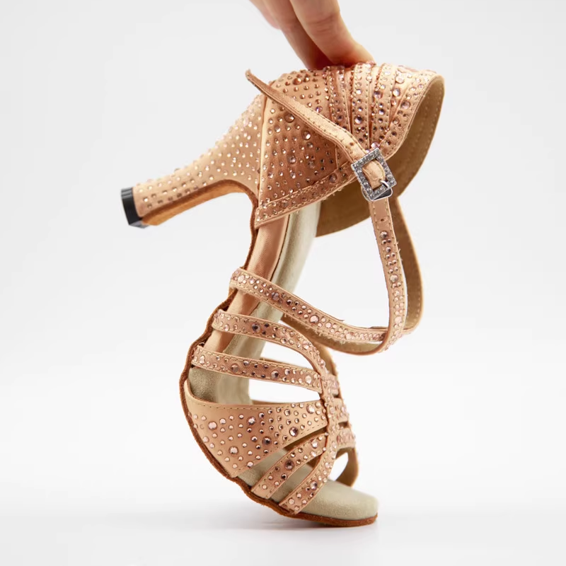 Aurora Bloom – Handmade Rhinestone-Embellished Nude Salsa Heels