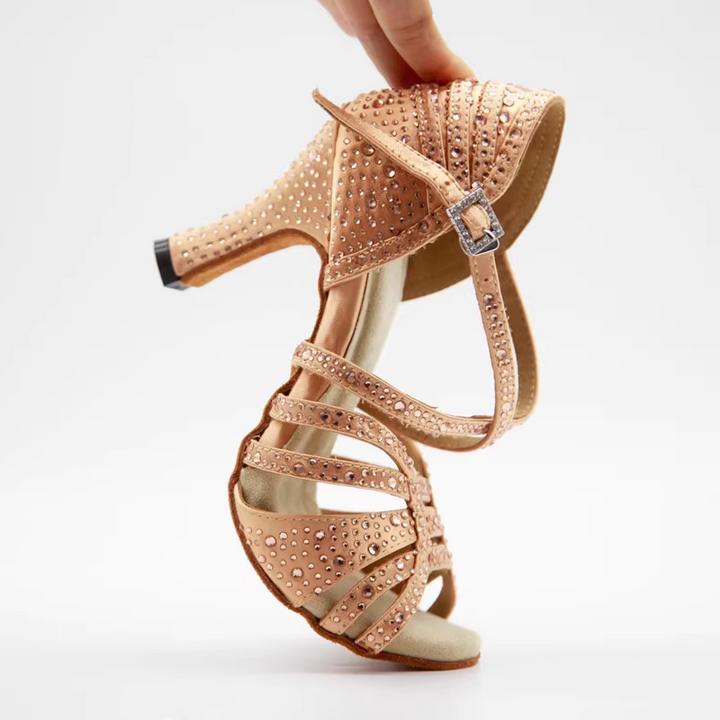 Aurora Bloom – Handmade Rhinestone-Embellished Nude Salsa Heels