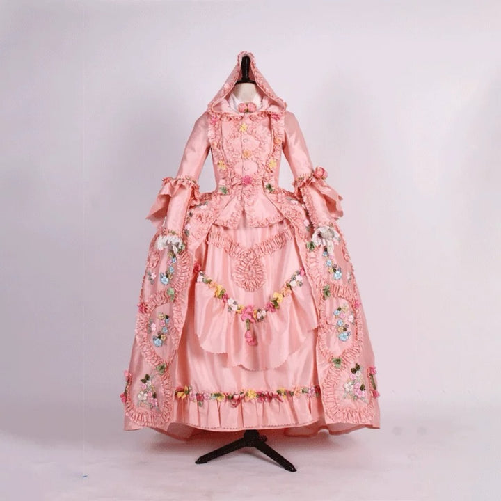 Pink Rococo Ball Gown with Floral Lace and Ruffled Detailing – Victorian-Inspired Wedding Dress with Long Sleeves and Hood Plus Size