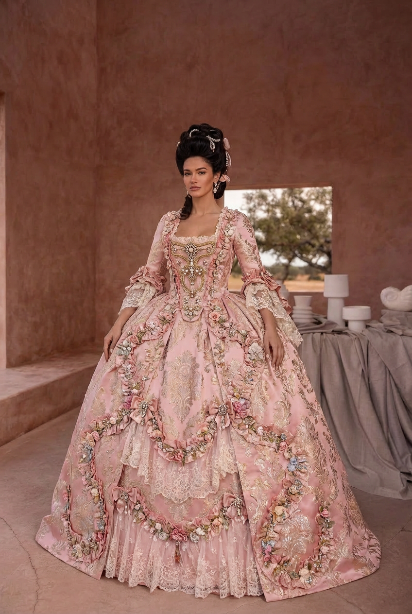 Pink Rococo Ball Gown with Floral Lace and Ruffled Detailing – Victori –  WonderlandByLilian