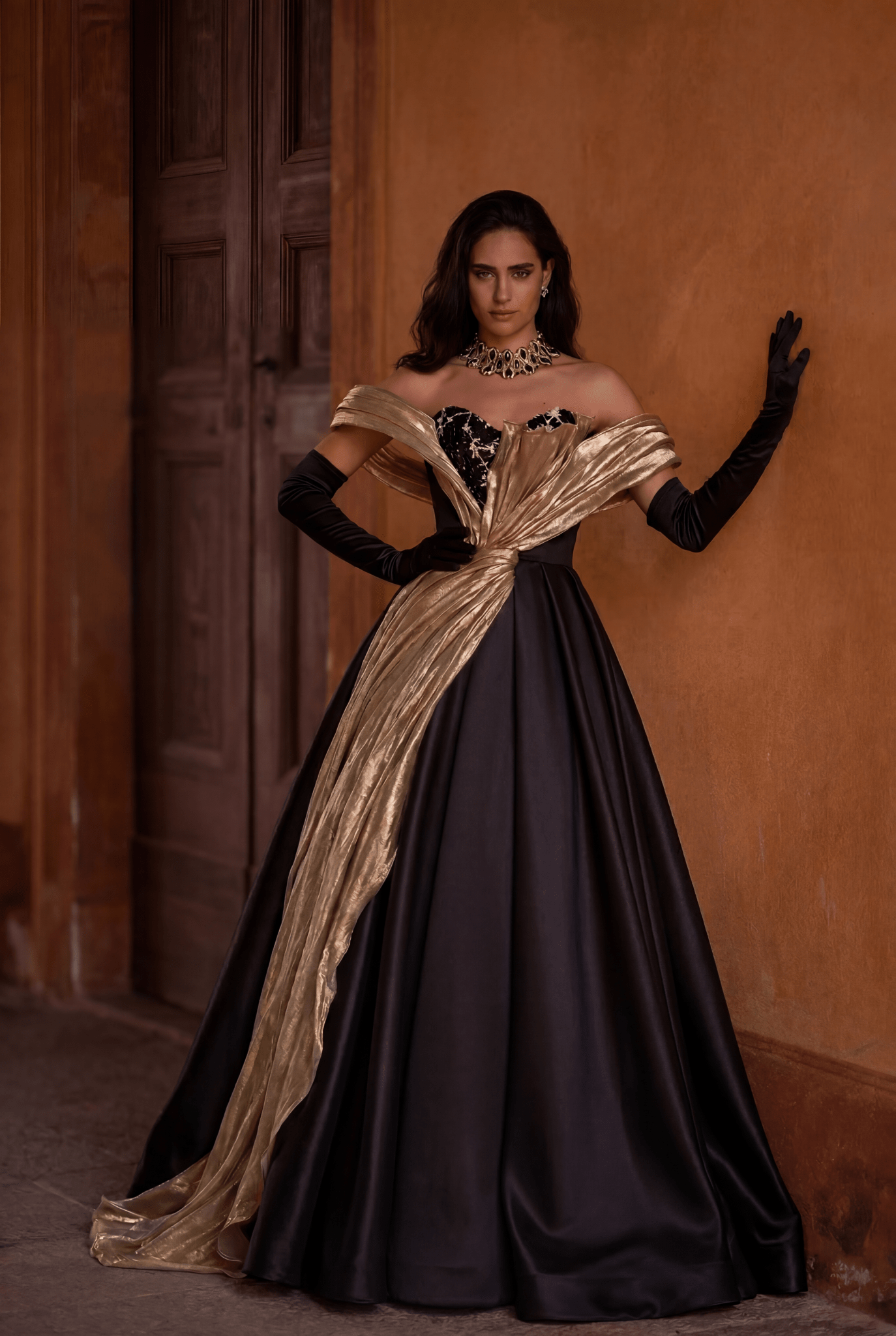 Black and Gold Evening Dress – Off the Shoulder Evening Gown with Draped Satin and Corset Back Plus Size Size 20W / Black / Dress