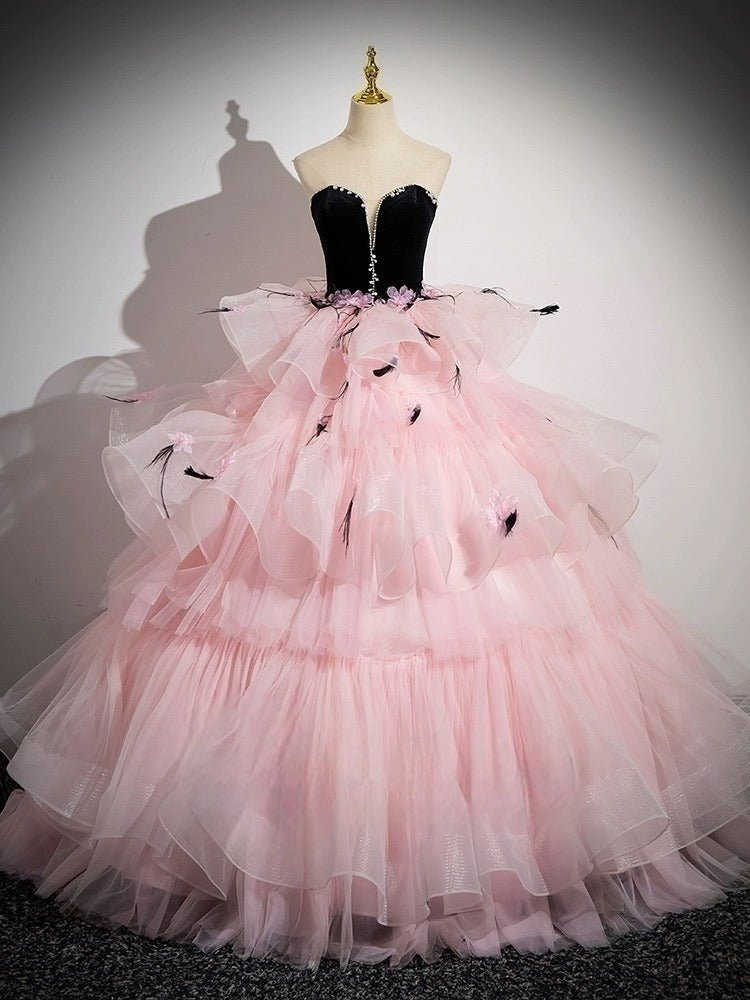 Black and Pink Tulle Party Dress with Floral Accents - Pink Evening Go WonderlandByLilian Black and Pink Tulle Party Dress with Floral Accents - Pink Evening Go WonderlandByLilian