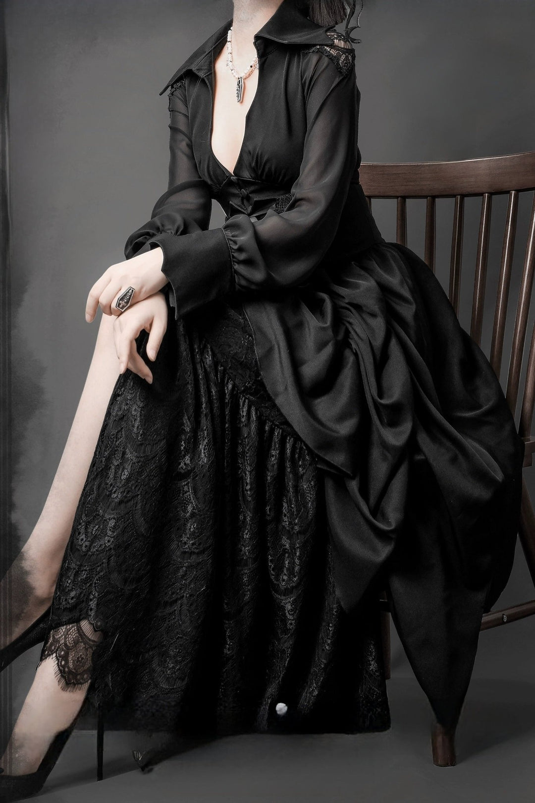 Black Gothic Lolita Prom Dress with Corset - Victorian - Inspired Ball Gown with Layered Lace and Ruffles Plus Size - WonderlandByLilian