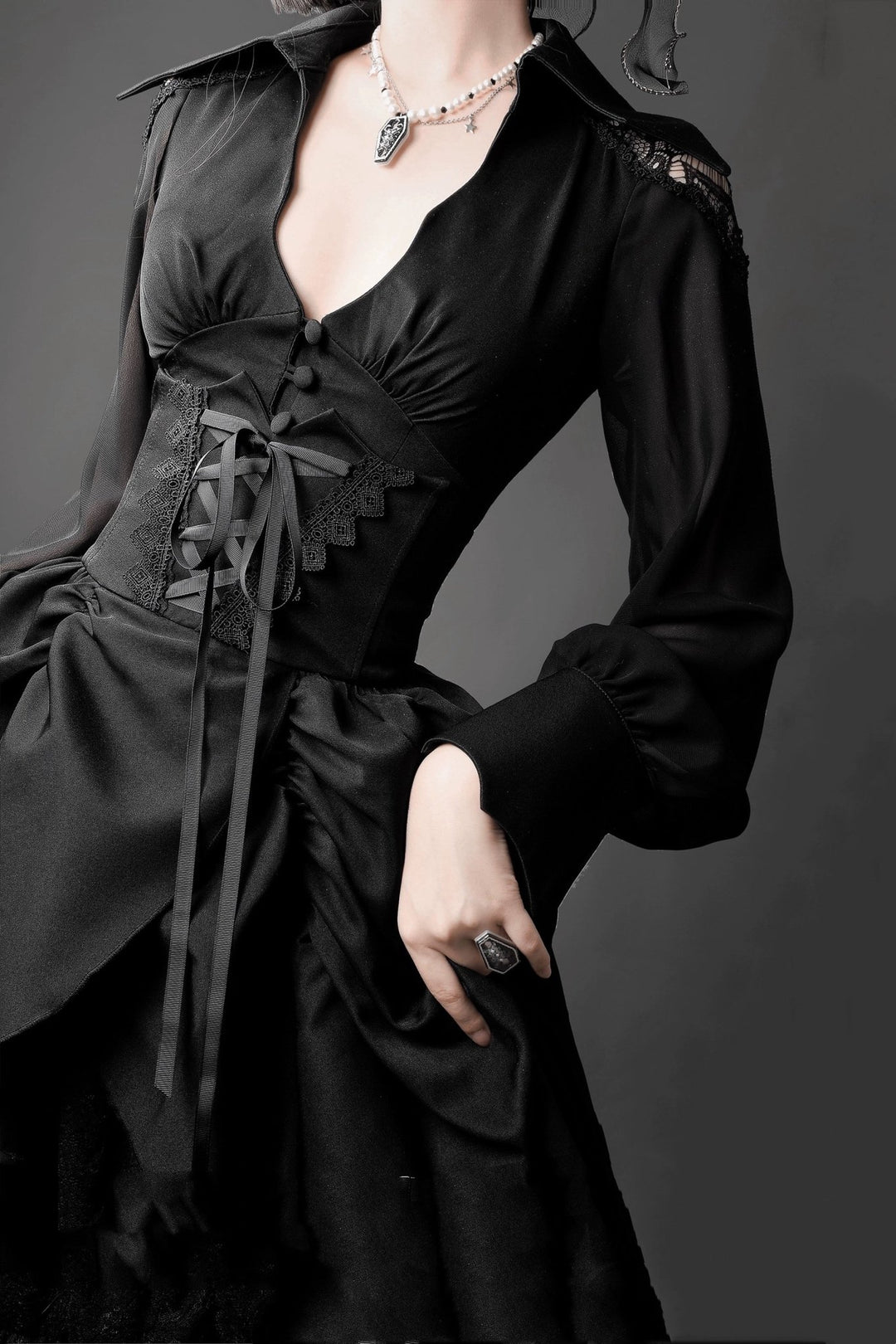 Black Gothic Lolita Prom Dress with Corset - Victorian - Inspired Ball Gown with Layered Lace and Ruffles Plus Size - WonderlandByLilian