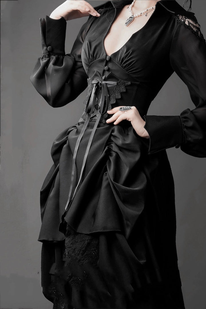 Black Gothic Lolita Prom Dress with Corset - Victorian - Inspired Ball Gown with Layered Lace and Ruffles Plus Size - WonderlandByLilian