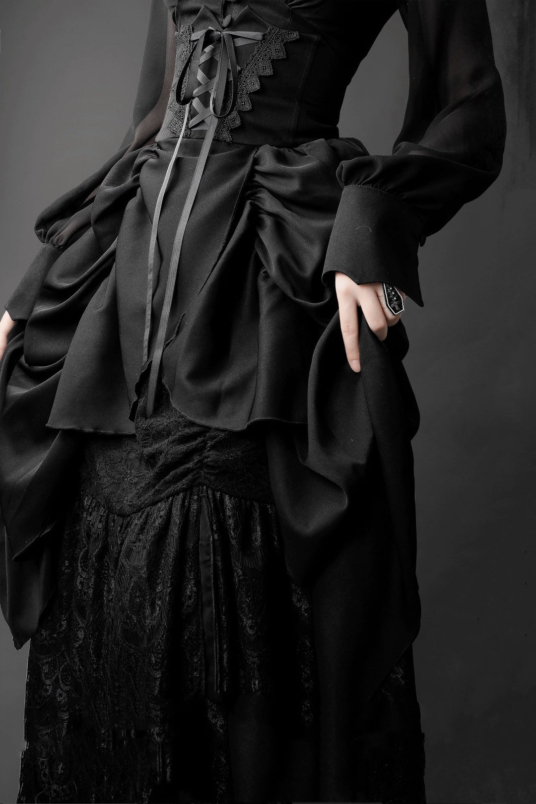 Black Gothic Lolita Prom Dress with Corset - Victorian - Inspired Ball Gown with Layered Lace and Ruffles Plus Size - WonderlandByLilian