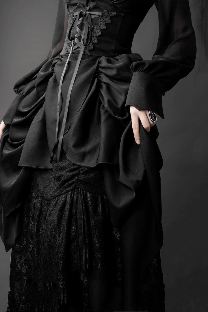 Black Gothic Lolita Prom Dress with Corset - Victorian - Inspired Ball Gown with Layered Lace and Ruffles Plus Size - WonderlandByLilian