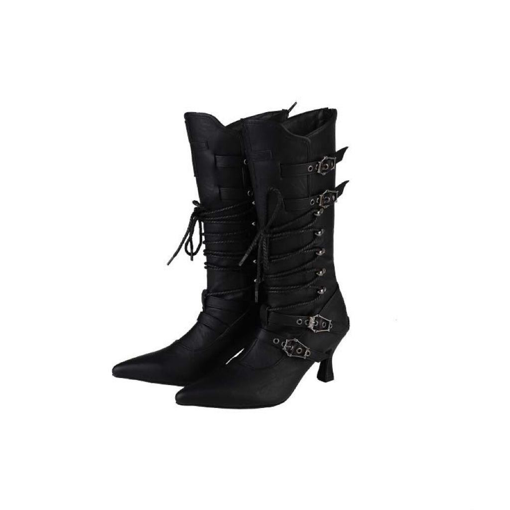Black Lace-Up Gothic Knee-High Boots with Buckles - Gothic Heels