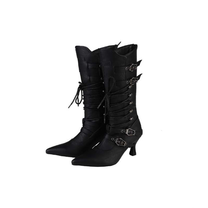 Black Lace - Up Gothic Knee - High Boots with Buckles - Gothic Heels - WonderlandByLilian