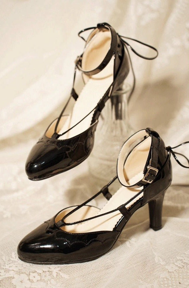 Black Lolita Vintage Shoes with Lace - Up - Lolita Heels - WonderlandByLilian