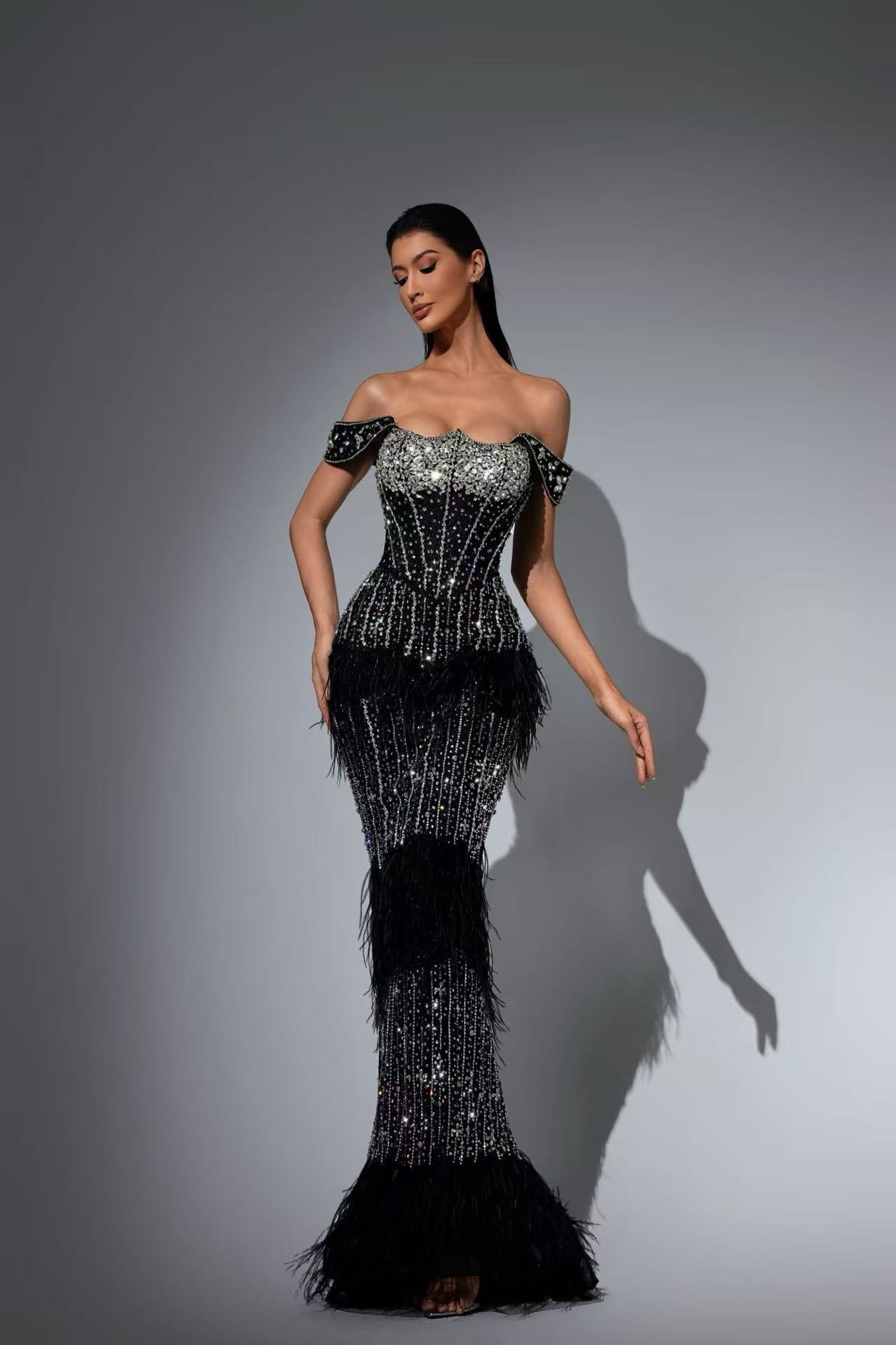 Black Sequin and Feather Dress – Glitter Maxi Dress
