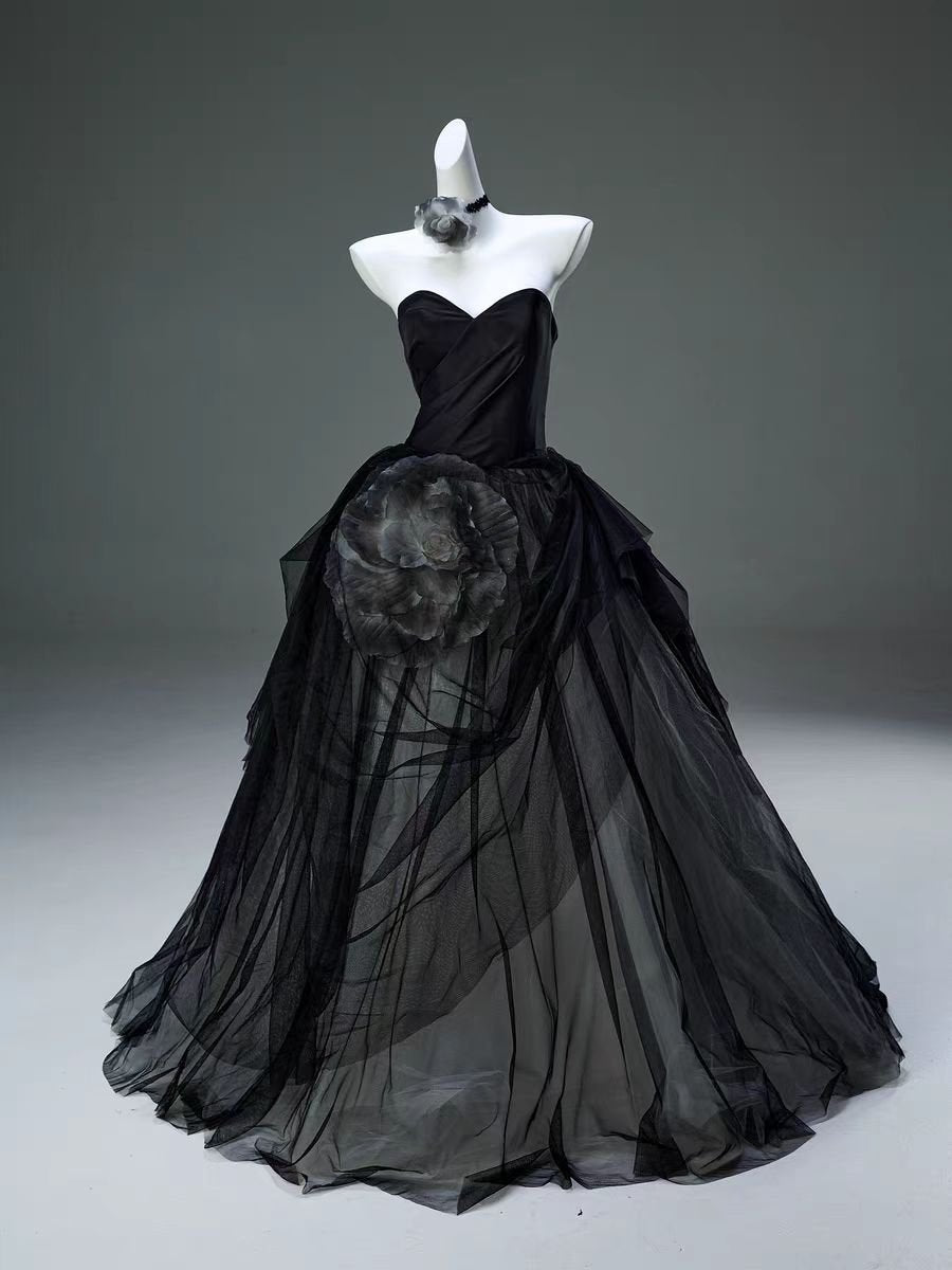 Gothic Black Strapless Evening Gown with Floral Accents and Tulle Skirt Gothic Black Strapless Evening Gown with Floral Accents and Tulle Skirt