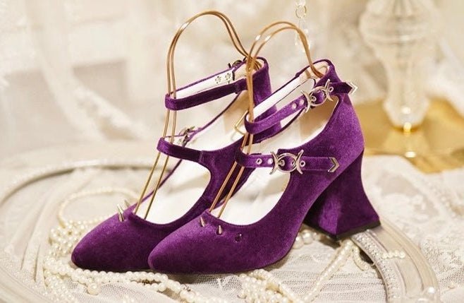 Black Velvet Gothic Heels with Buckle - Gothic Shoes Heels - WonderlandByLilian
