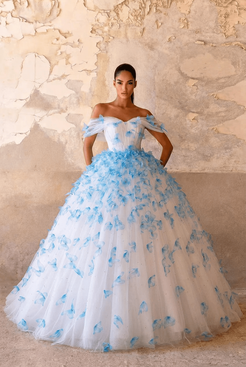 butterfly prom dress Blue Butterfly Appliqué Ball Gown with Off Shoulder Corset Bodice Ethe –  WonderlandByLilian