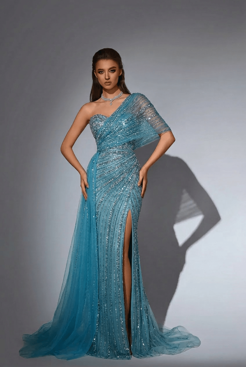 Blue Off-Shoulder Sequin Evening Gown – Sparkly Maxi Dress with Slit and Tulle Train Plus Size