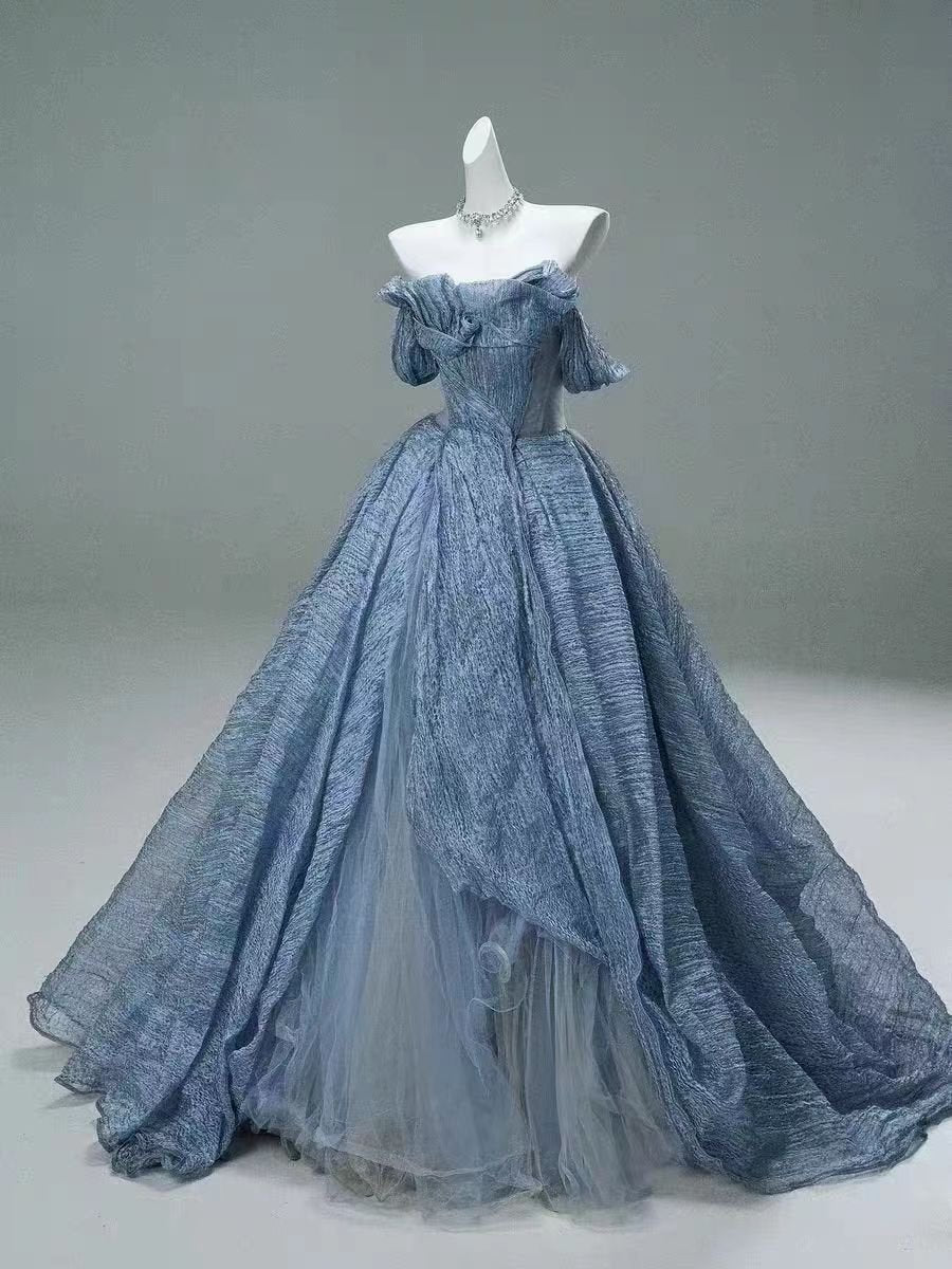 Blue Off-the-Shoulder Layered Evening Gown with Tulle Skirt - Plus Siz WonderlandByLilian Blue Off-the-Shoulder Layered Evening Gown with Tulle Skirt - Plus Siz WonderlandByLilian