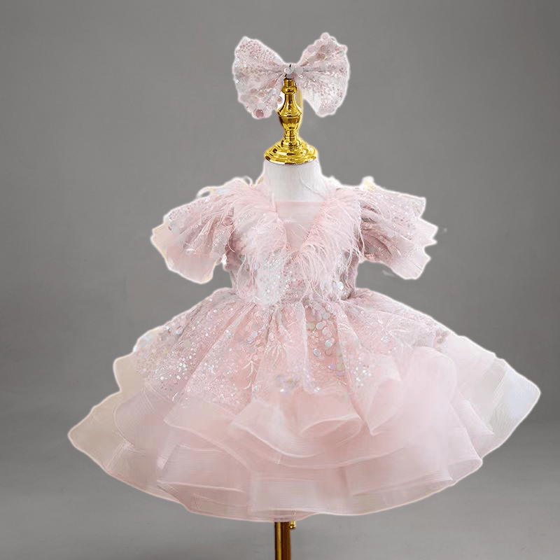 Pink Sequin Puffy Flower Girl Dress with Bowknot - Light Pink / 18-24 Months (90cm)