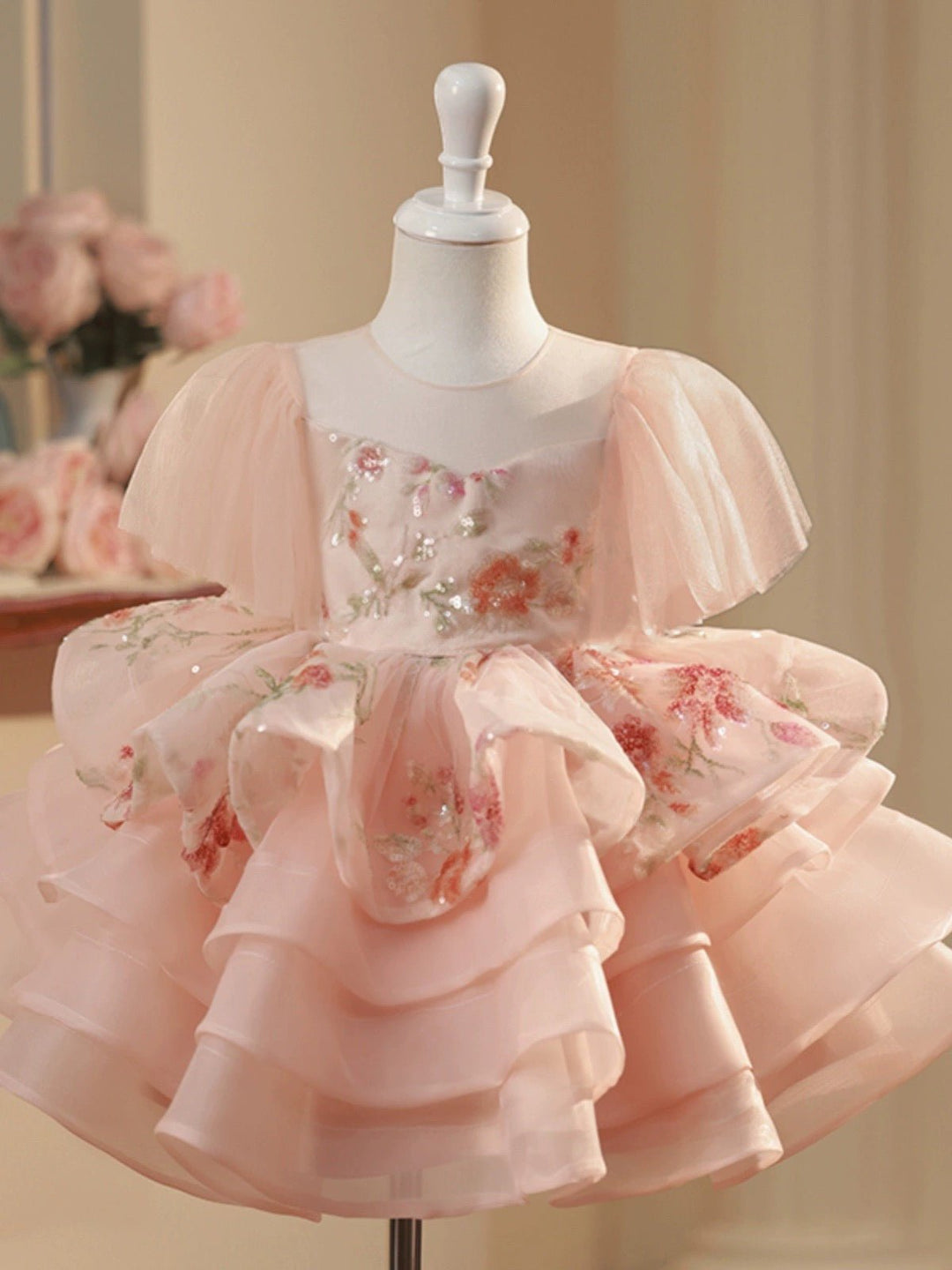 Blush Pink Flower Girl Dress with Floral Embellishments and Ruffled Layers - Plus Size - WonderlandByLilian
