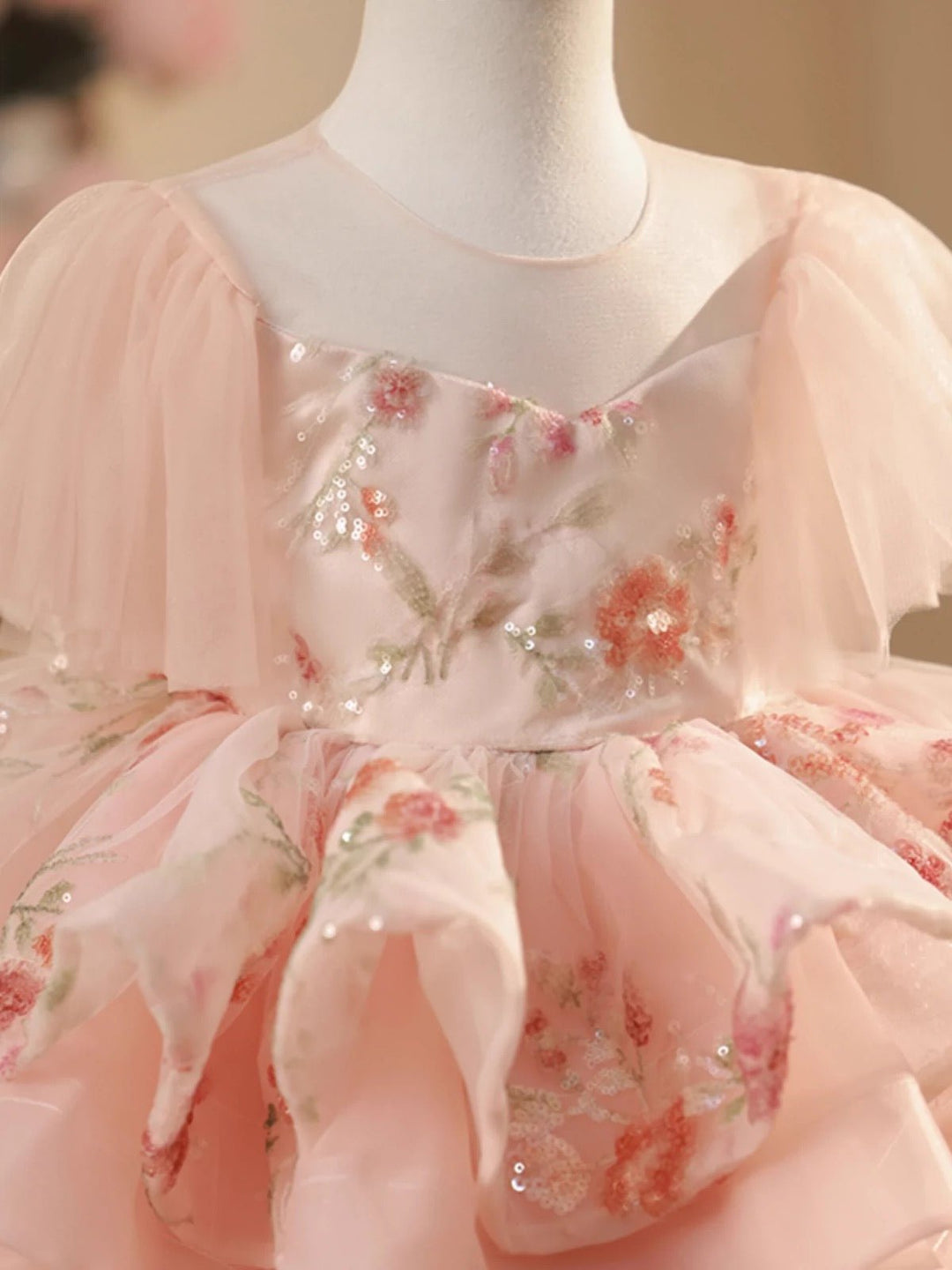 Blush Pink Flower Girl Dress with Floral Embellishments and Ruffled Layers - Plus Size - WonderlandByLilian