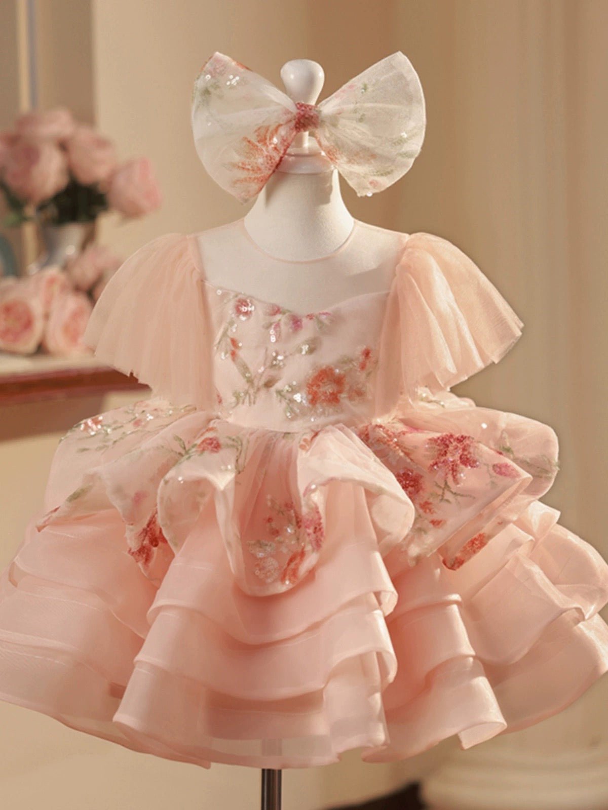 Blush Pink Flower Girl Dress with Floral Embellishments and Ruffled La