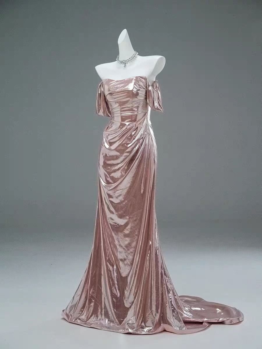 Blush Satin Off - the - Shoulder Evening Gown with Elegant Draping - Plus Size Vintage Ball Gown - WonderlandByLilian