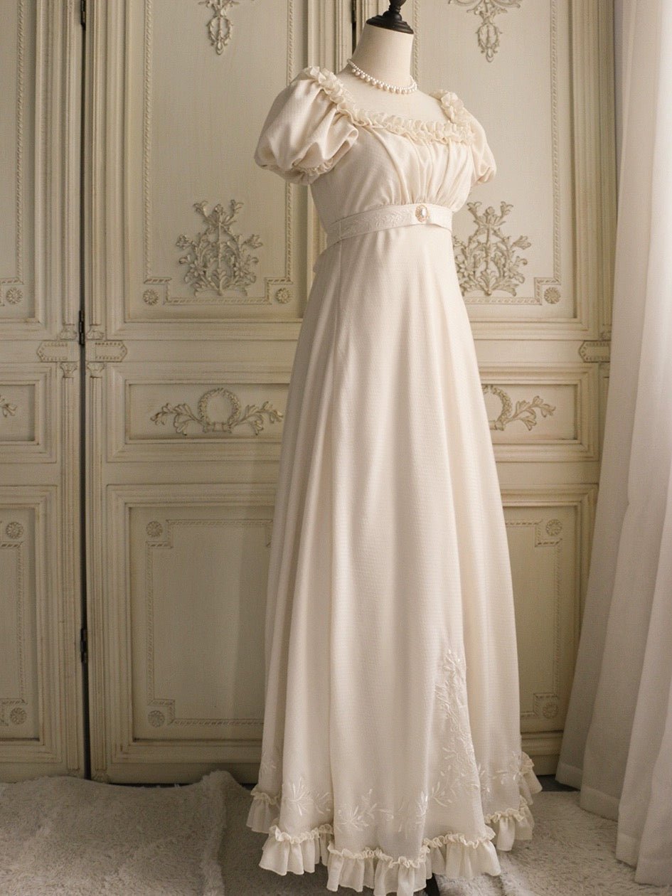 Bridgerton Inspired Cream Regency Era Dress with Chiffon Ruffle - Vintage Floral Applique Dress with Bow Waist Plus Size - WonderlandByLilian