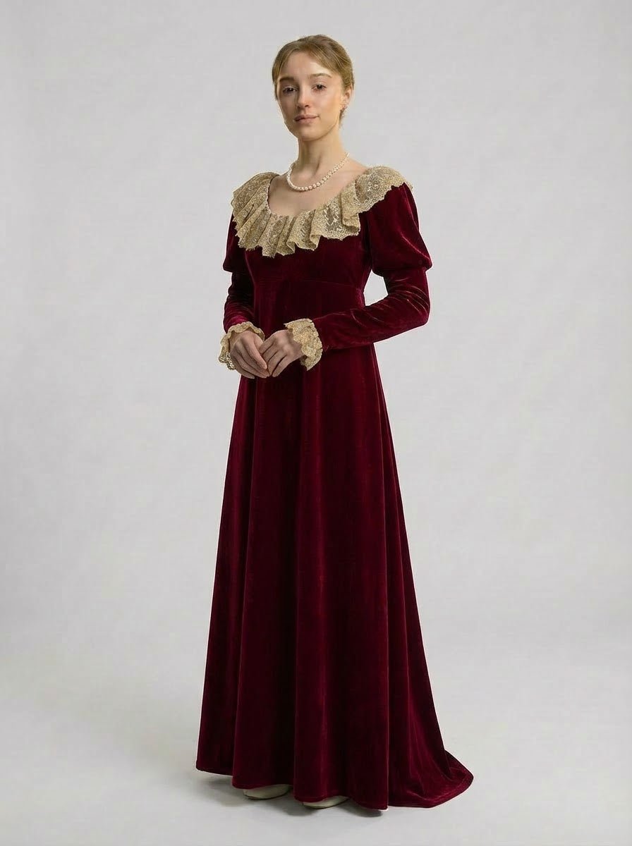 Bridgerton Inspired Regency Era Burgundy Velvet Empire Waist Dress with Gold Lace Collar and Long Sleeves Plus Size