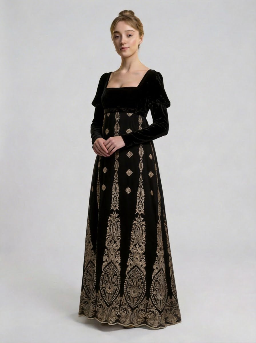 Bridgerton Regency Black Embroidered Velvet Empire Waist Vintage Gown with Baroque Silver Motif Plus Size