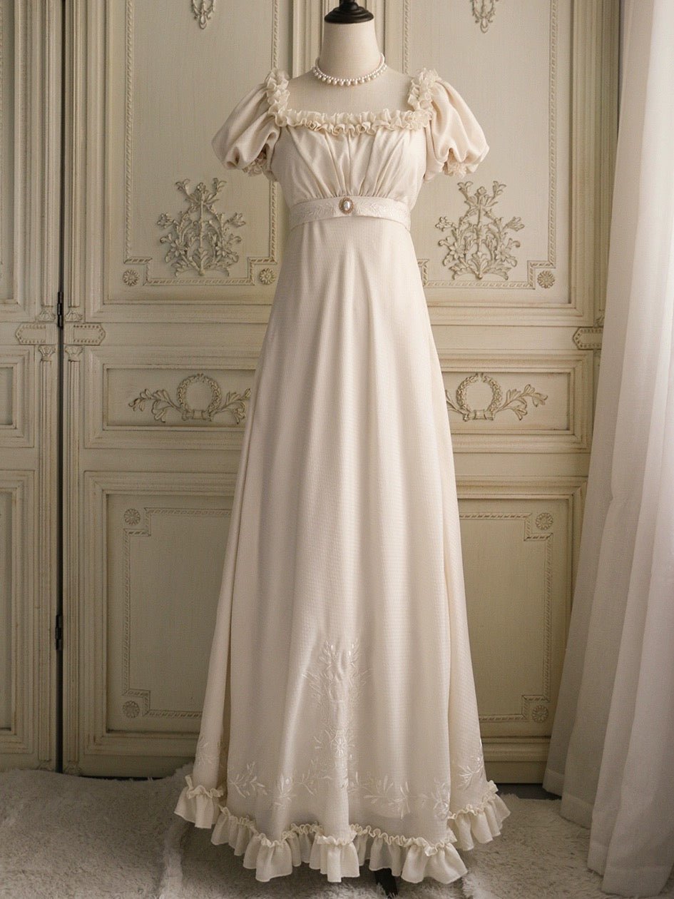 Bridgerton Inspired Cream Regency Era Dress with Chiffon Ruffle - Vintage Floral Applique Dress with Bow Waist Plus Size - WonderlandByLilian