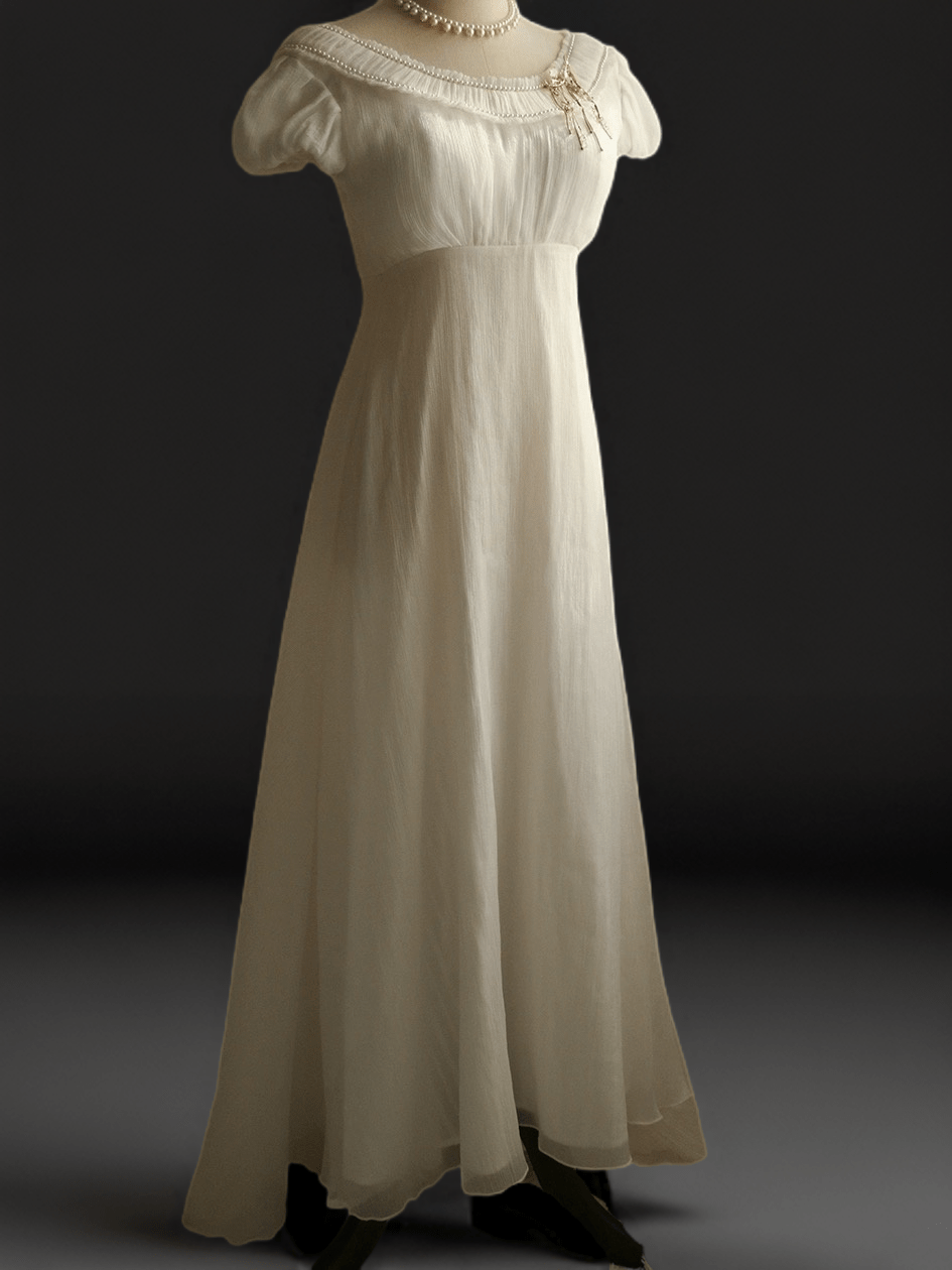 Bridgerton Inspired White Regency Era Dress With Chiffon Ruffle Cust bridgerton-inspired-white-regency-era-dress-with-chiffon-ruffle-cust