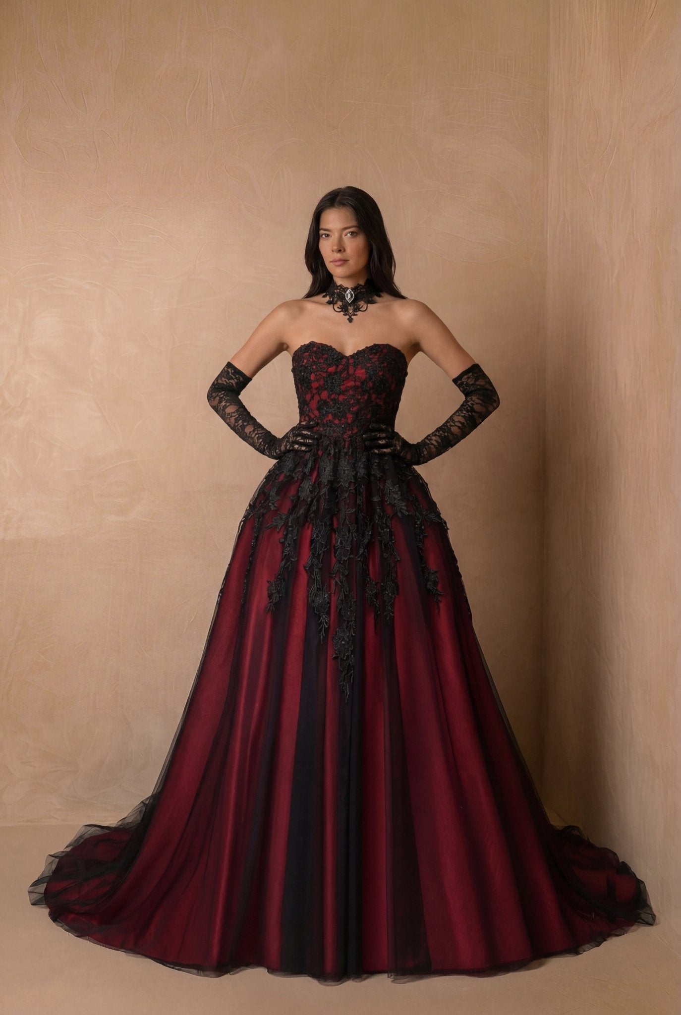 Exquisite A Line Floral Black and Red Gothic Wedding Dress Size 0 / Burgundy / With Choker +Gloves
