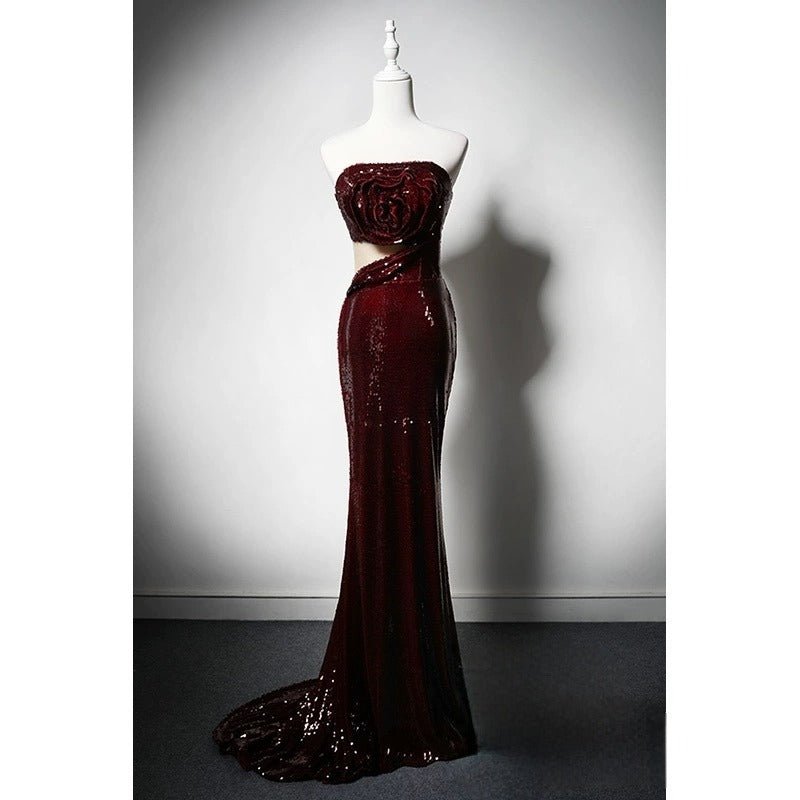 Burgundy Sequin Cutout Evening Dress with Floral Appliqu - Elegant Red Evening Gown Plus Size Size 16 / Red Burgundy Sequin Cutout Evening Dress with Floral Appliqu - Elegant Red Evening Gown Plus Size Size 16 / Red