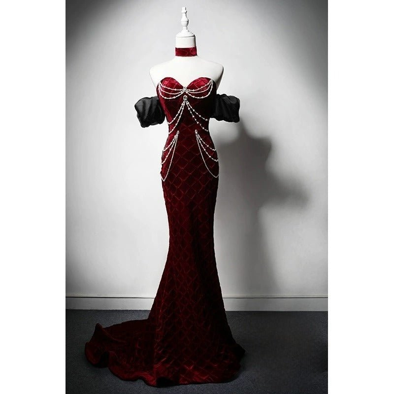 Burgundy Velvet Evening Dress with Pearl Chains - Off-the-Shoulder Dress with Sleeves - Red Evening Gown Plus Size Burgundy Velvet Evening Dress with Pearl Chains - Off-the-Shoulder Dress with Sleeves - Red Evening Gown Plus Size