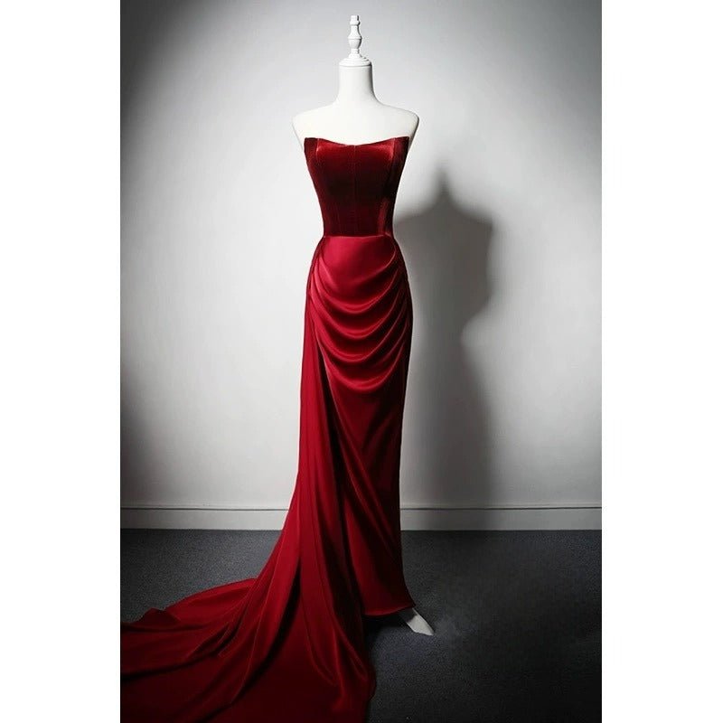 Burgundy Velvet Strapless Evening Dress with Draped Satin Skirt - Elegant Red Evening Gown Plus Size Size 4 / Red Burgundy Velvet Strapless Evening Dress with Draped Satin Skirt - Elegant Red Evening Gown Plus Size Size 4 / Red